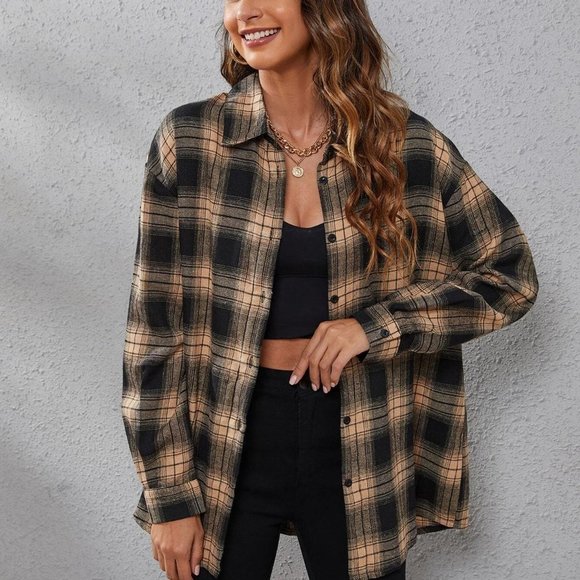 Casual Plaid Print Drop Shoulder Shirt tan black - Picture 1 of 5